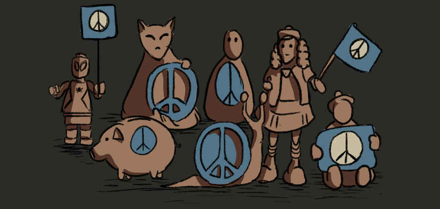 Illustration of seven figurines holding or wearing the peace symbol.