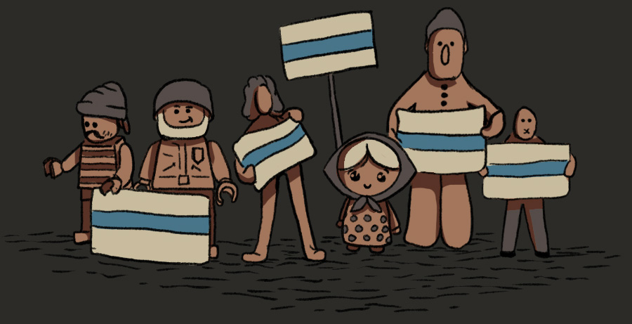 An illustration of figurines holding antiwar flags. The flags are white with a blue stripe.