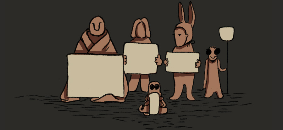 An illustration of figurines raising blank posters.