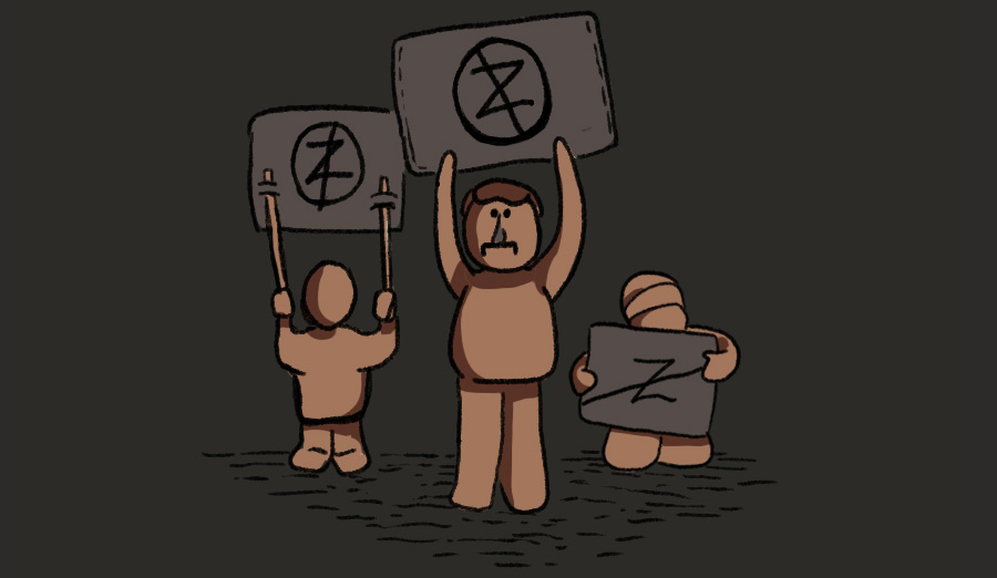 An illustration of figurines raising placards with a letter Z crossed out.