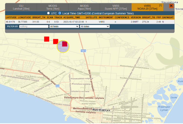 Screencapture of the NASA FIRMS map showing three fires, identified at 2:22 a.m. local time on the Berdyansk airport runways. (Source: NASA FIRMS map/archive)